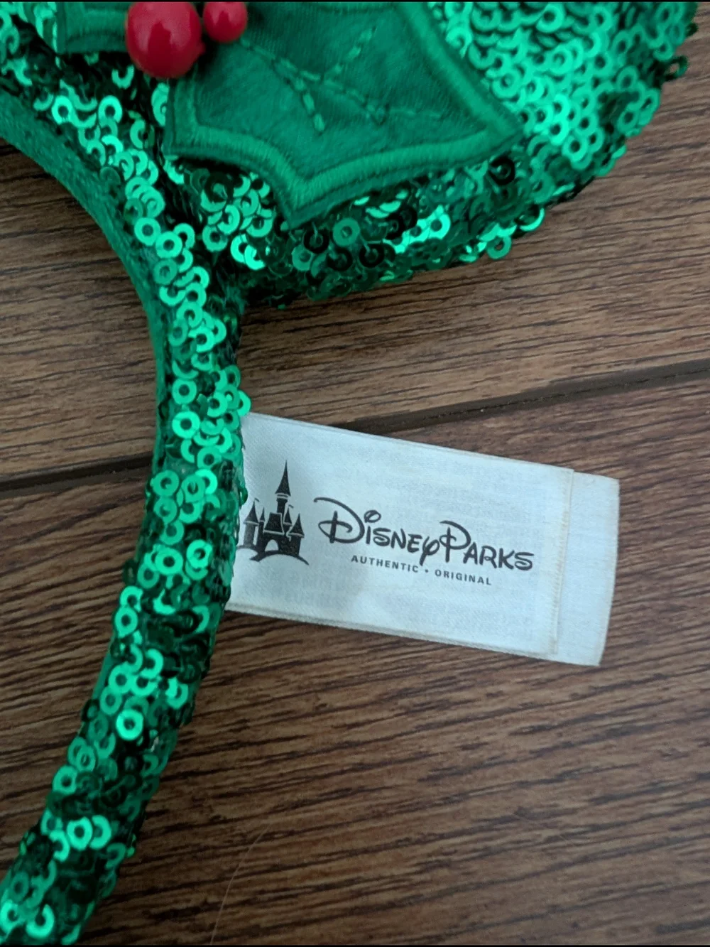 Disney Parks Christmas Minnie Mouse Ears Green Red Sequin Holly Headband